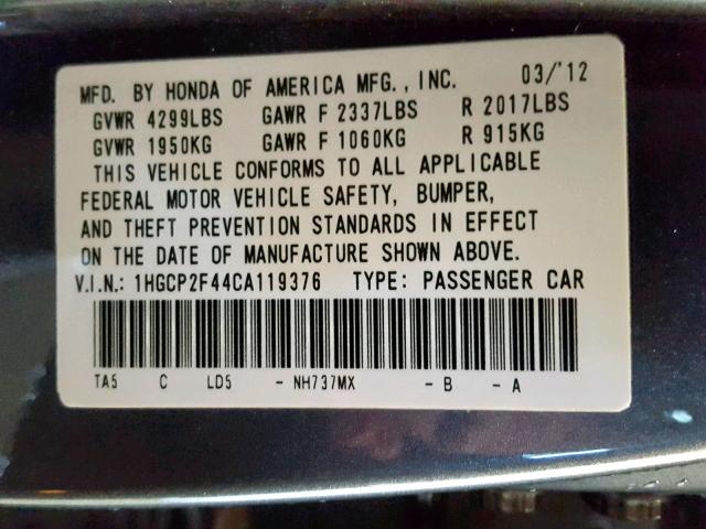 1HGCP2F44CA119376 - 2012 HONDA ACCORD LXP GRAY photo 10