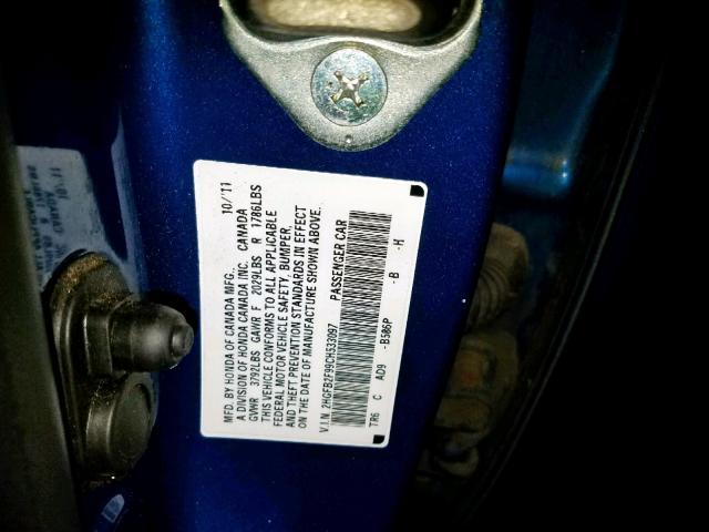 2HGFB2F99CH533097 - 2012 HONDA CIVIC EXL Mavi foto 10