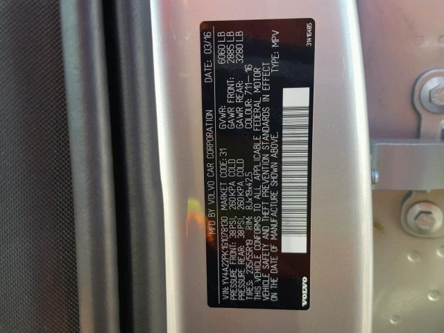 YV4A22PK1G1078130 - 2016 VOLVO XC90 T6 SILVER photo 10