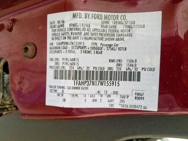 1FAHP37N17W155915 - 2007 FORD FOCUS ZX5 BURGUNDY photo 10