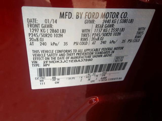 2FMDK3JC1EBA37890 - 2014 FORD EDGE SEL RED photo 10