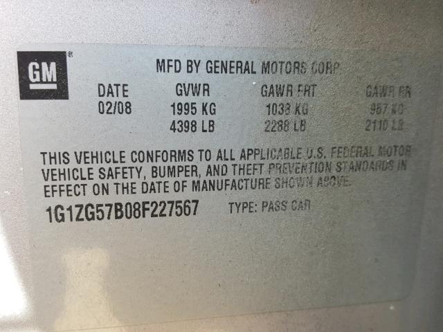1G1ZG57B08F227567 - 2008 CHEVROLET MALIBU LS Արծաթագույն լուսանկար 10