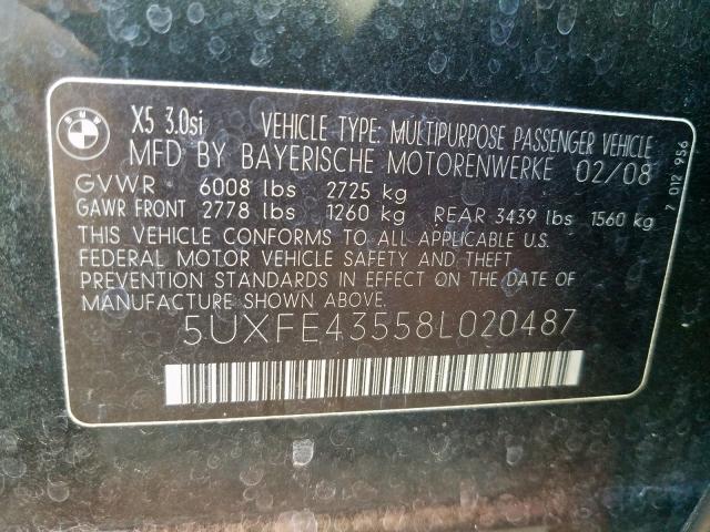 5UXFE43558L020487 - 2008 BMW X5 3.0I BLACK photo 10