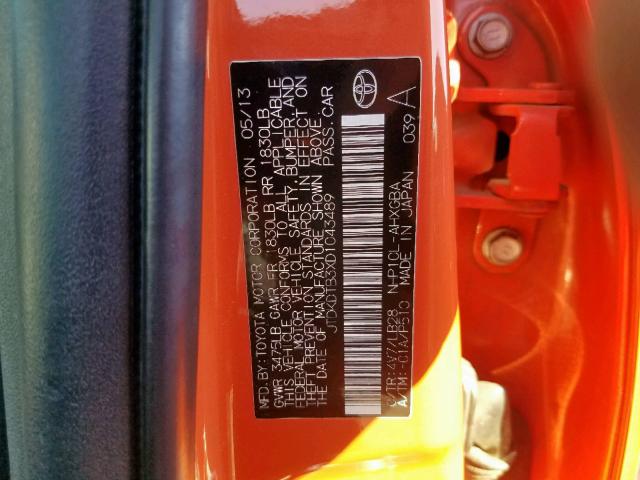 JTDKDTB3XD1043489 - 2013 TOYOTA PRIUS C ORANGE photo 10