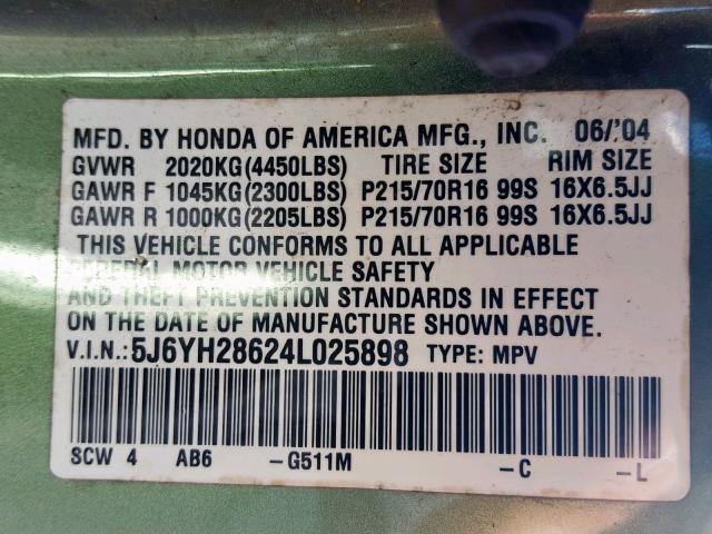 5J6YH28624L025898 - 2004 HONDA ELEMENT EX GREEN photo 10