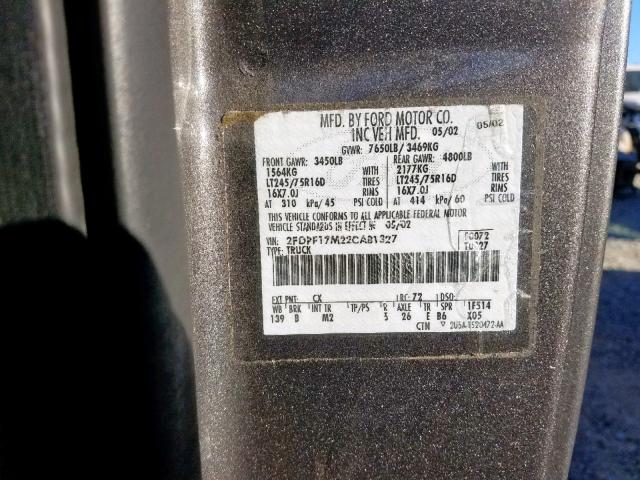 2FDPF17M22CA81327 - 2002 FORD F150 GRAY photo 10