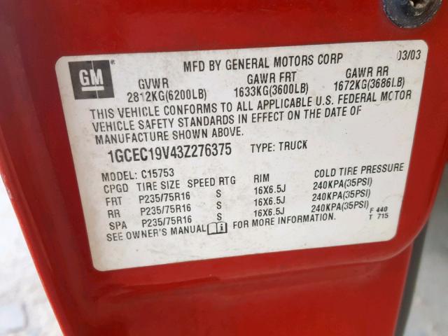 1GCEC19V43Z276375 - 2003 CHEVROLET SILVERADO RED photo 10