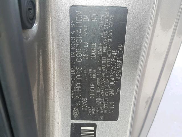 KNAFU6A23A5128946 - 2010 KIA FORTE EX GRAY photo 10