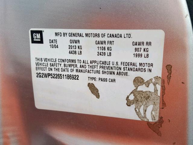 2G2WP522651186922 - 2005 PONTIAC GRAND PRIX SILVER photo 10