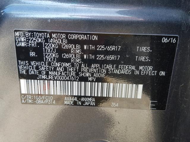 JTMRJREV0GD047612 - 2016 TOYOTA RAV4 HV XL GRAY photo 10