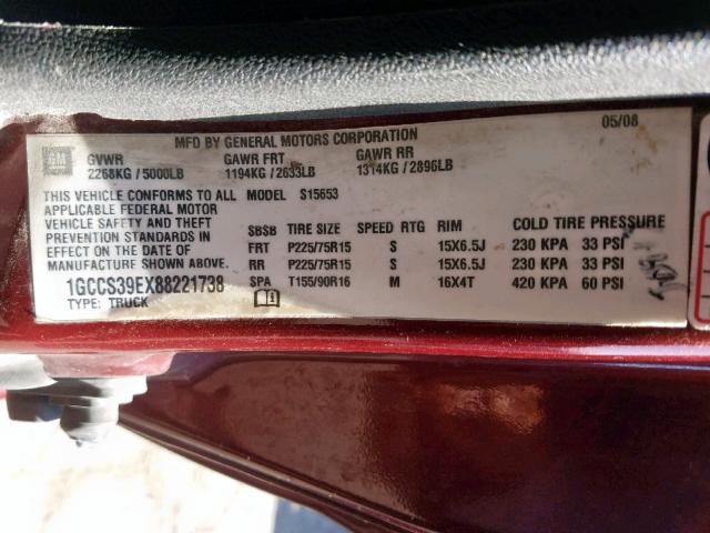 1GCCS39EX88221738 - 2008 CHEVROLET COLORADO L BURGUNDY photo 10