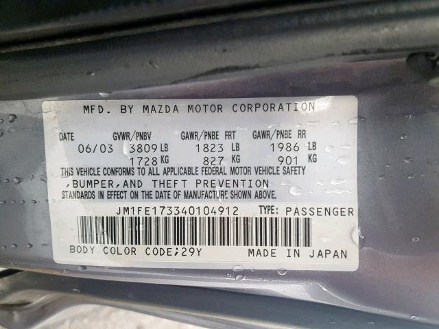 JM1FE173340104912 - 2004 MAZDA RX8 GRAY photo 10