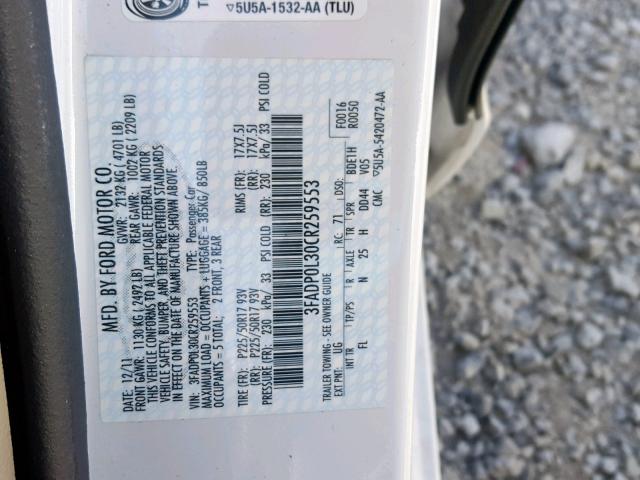 3FADP0L30CR259553 - 2012 FORD FUSION HYB WHITE photo 10