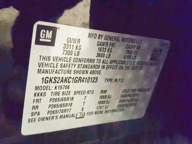 1GKS2AKC1GR410123 - 2016 GMC YUKON SLE BLACK photo 10