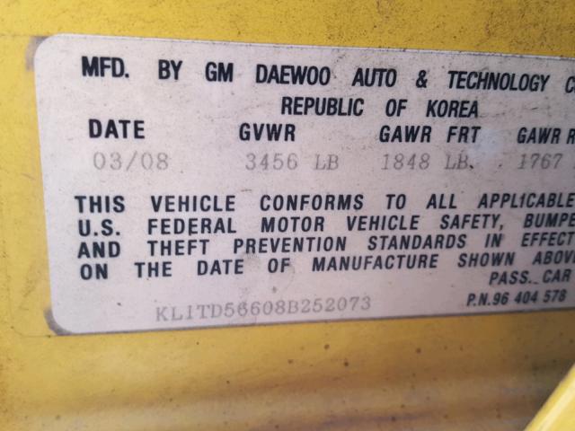 KL1TD56608B252073 - 2008 CHEVROLET AVEO BASE Sarı foto 10