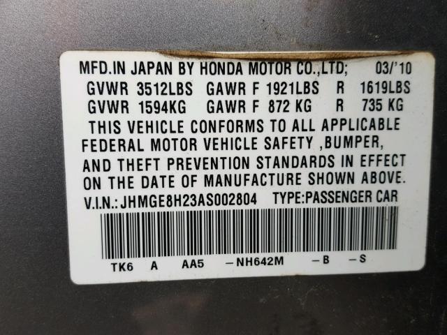 JHMGE8H23AS002804 - 2010 HONDA FIT GRAY photo 10