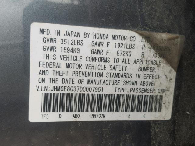 JHMGE8G37DC007951 - 2013 HONDA FIT GRAY photo 10