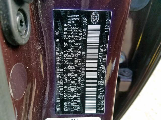 4T1BK1EB1FU160579 - 2015 TOYOTA AVALON XLE BURGUNDY photo 10