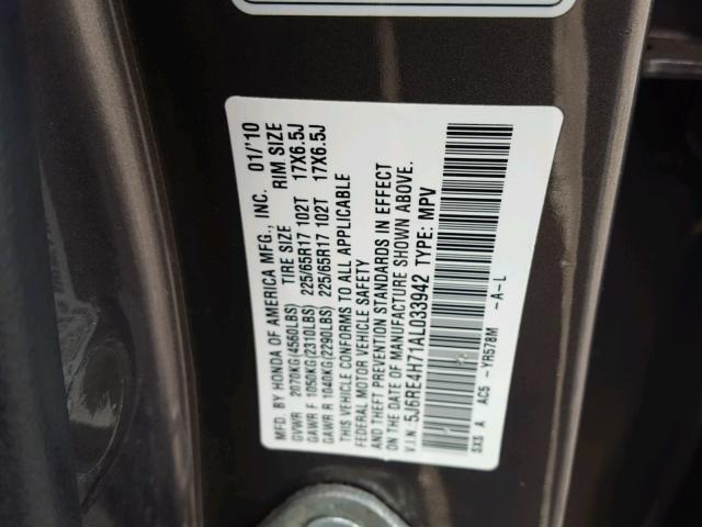 5J6RE4H71AL033942 - 2010 HONDA CR-V EXL GRAY photo 10