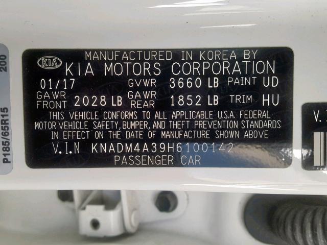 KNADM4A39H6100142 - 2017 KIA RIO LX WHITE photo 10