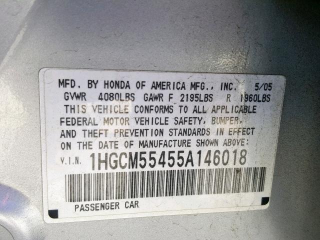 1HGCM55455A146018 - 2005 HONDA ACCORD LX SILVER photo 10