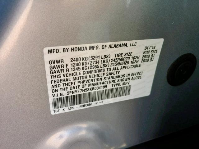 5FNYF7H53KB004199 - 2019 HONDA PASSPORT E 银色 照片 10