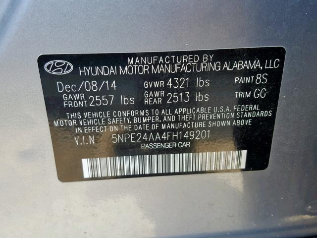 5NPE24AA4FH149201 - 2015 HYUNDAI SONATA ECO SILVER photo 10