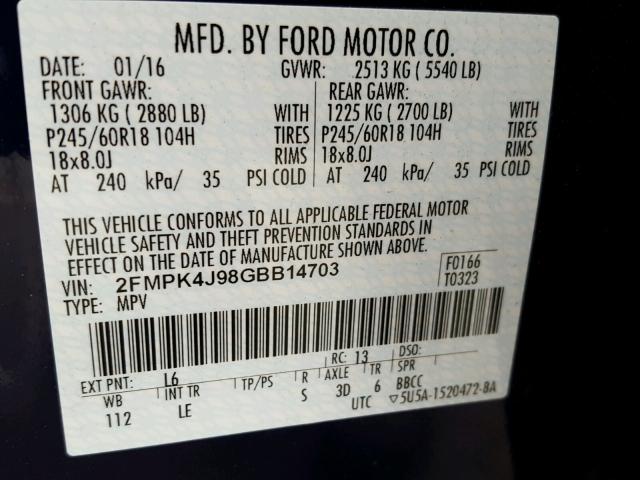 2FMPK4J98GBB14703 - 2016 FORD EDGE SEL BLUE photo 10