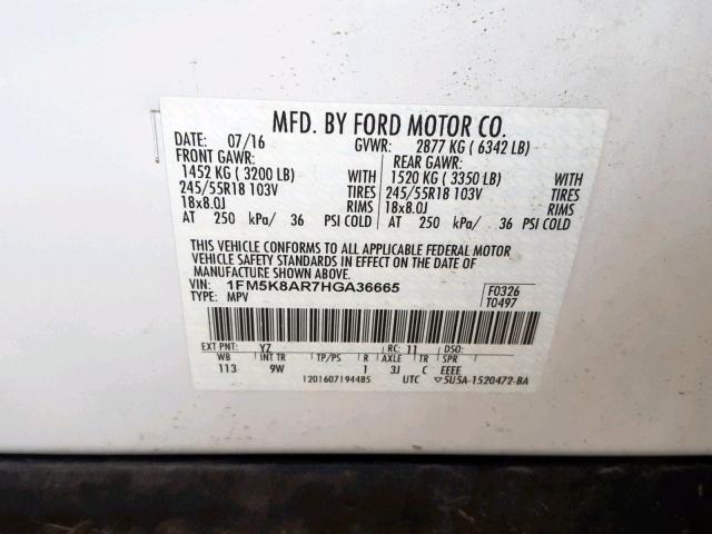 1FM5K8AR7HGA36665 - 2017 FORD EXPLORER P WHITE photo 10