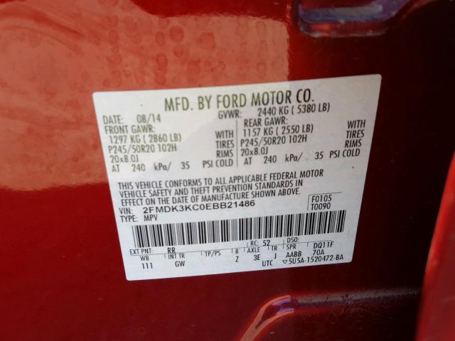 2FMDK3KC0EBB21486 - 2014 FORD EDGE LIMIT RED photo 10