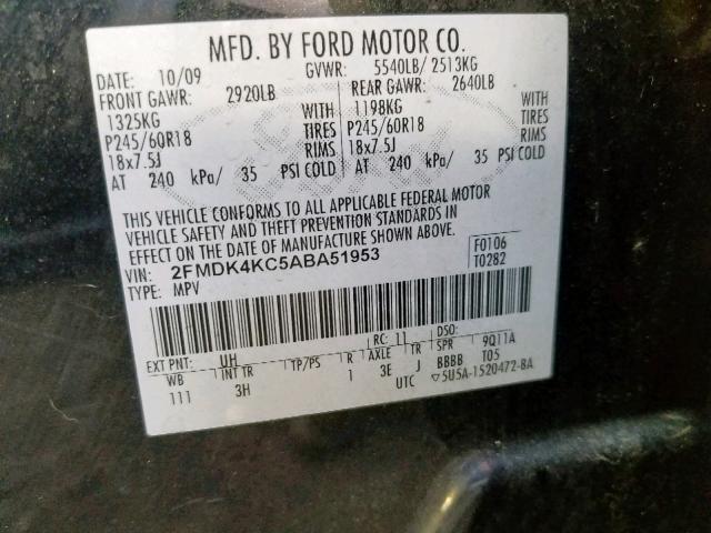 2FMDK4KC5ABA51953 - 2010 FORD EDGE LIMIT BLACK photo 10