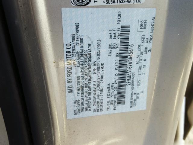 2FMDA51676BA45616 - 2006 FORD FREESTAR S TAN photo 10