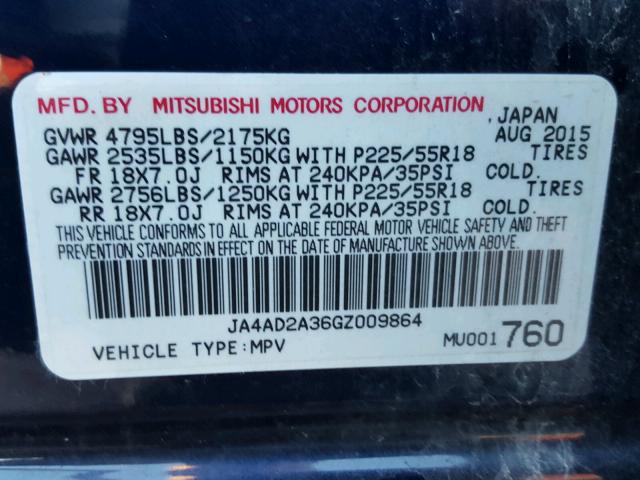 JA4AD2A36GZ009864 - 2016 MITSUBISHI OUTLANDER BLUE photo 10