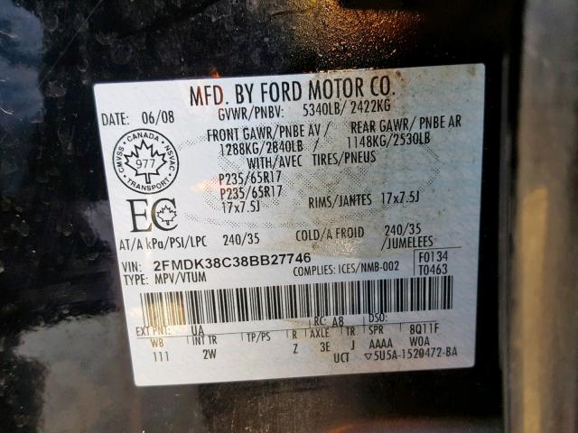 2FMDK38C38BB27746 - 2008 FORD EDGE SEL BLACK photo 10