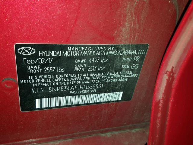 5NPE34AF1HH555531 - 2017 HYUNDAI SONATA SPO MAROON photo 10