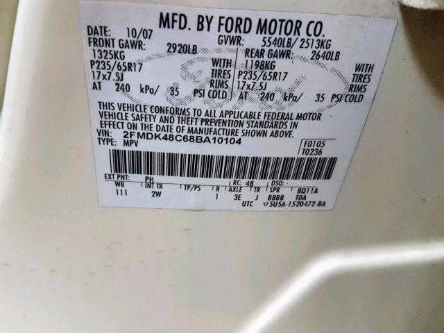 2FMDK48C68BA10104 - 2008 FORD EDGE SEL CREAM photo 10