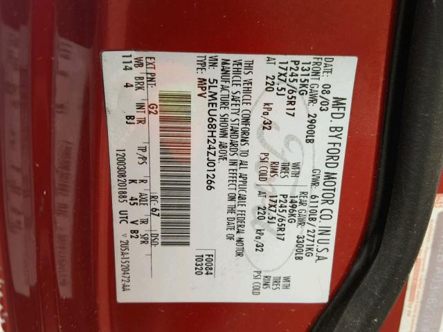 5LMEU68H24ZJ01266 - 2004 LINCOLN AVIATOR 红色 照片 10