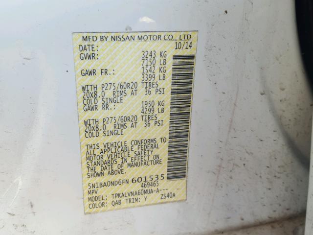 5N1BA0ND6FN601535 - 2015 NISSAN ARMADA SV WHITE photo 10