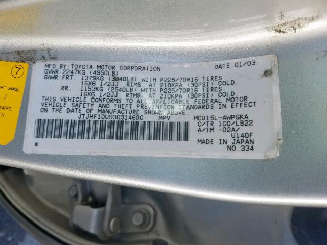 JTJHF10U930314600 - 2003 LEXUS RX 300 SILVER photo 10