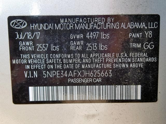 5NPE34AFXJH625663 - 2018 HYUNDAI SONATA SPO SILVER photo 10