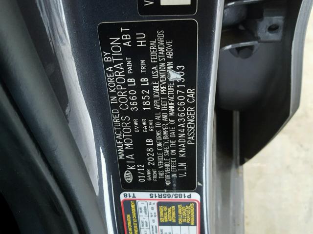 KNADN4A36C6071303 - 2012 KIA RIO EX GRAY photo 10