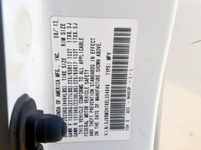 5J6RM3H76EL004648 - 2014 HONDA CR-V EXL WHITE photo 10