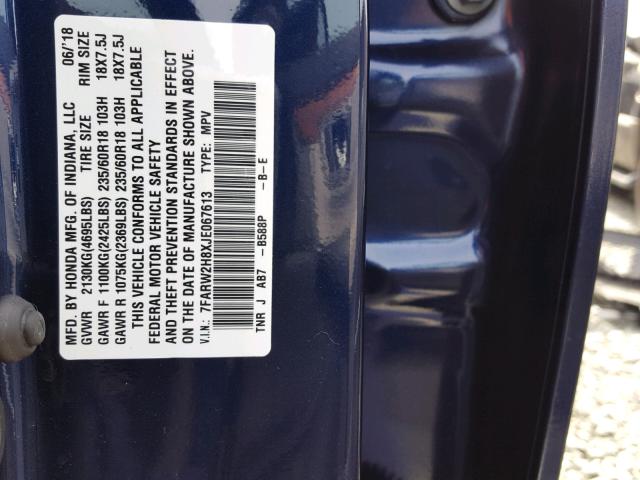 7FARW2H8XJE067613 - 2018 HONDA CR-V EXL BLUE photo 10