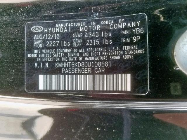 KMHHT6KD8DU108681 - 2013 HYUNDAI GENESIS CO BLACK photo 10