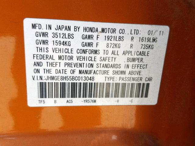 JHMGE8H55BC013048 - 2011 HONDA FIT SPORT ORANGE photo 10