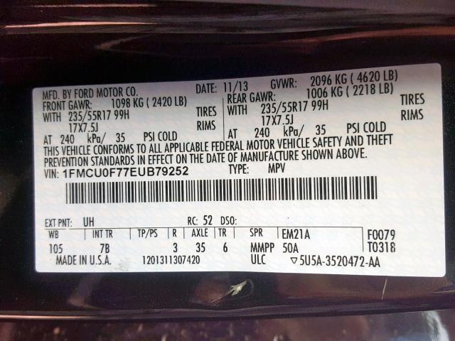 1FMCU0F77EUB79252 - 2014 FORD ESCAPE S BLACK photo 10