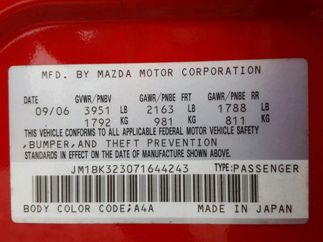 JM1BK323071644243 - 2007 MAZDA 3 S RED photo 10