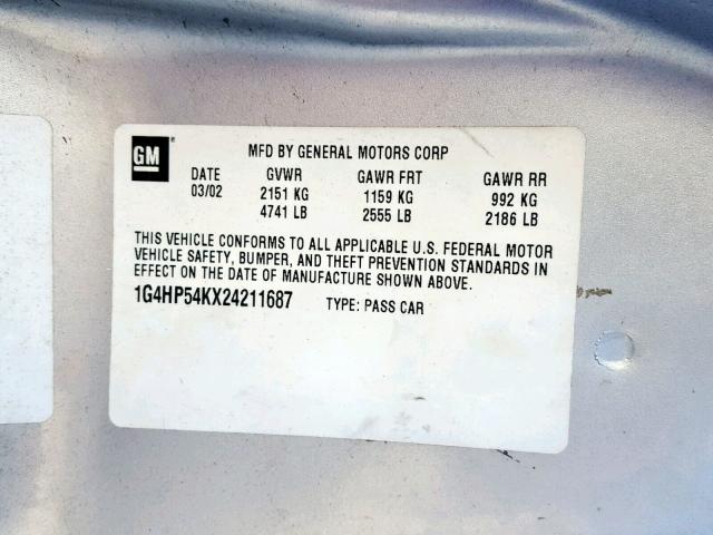 1G4HP54KX24211687 - 2002 BUICK LESABRE CU SILVER photo 10