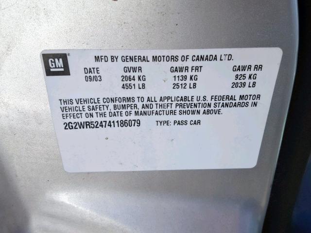 2G2WR524741186079 - 2004 PONTIAC GRAND PRIX SILVER photo 10