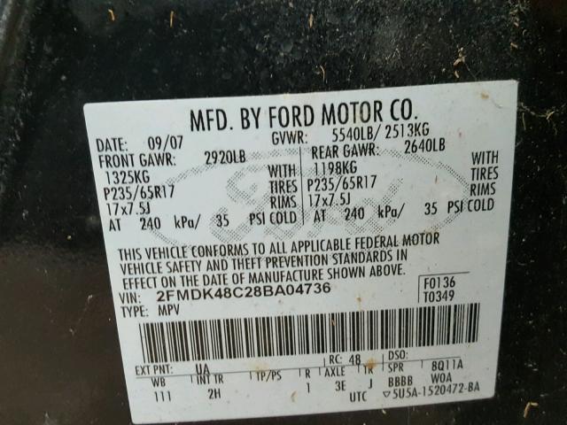 2FMDK48C28BA04736 - 2008 FORD EDGE SEL BLACK photo 10